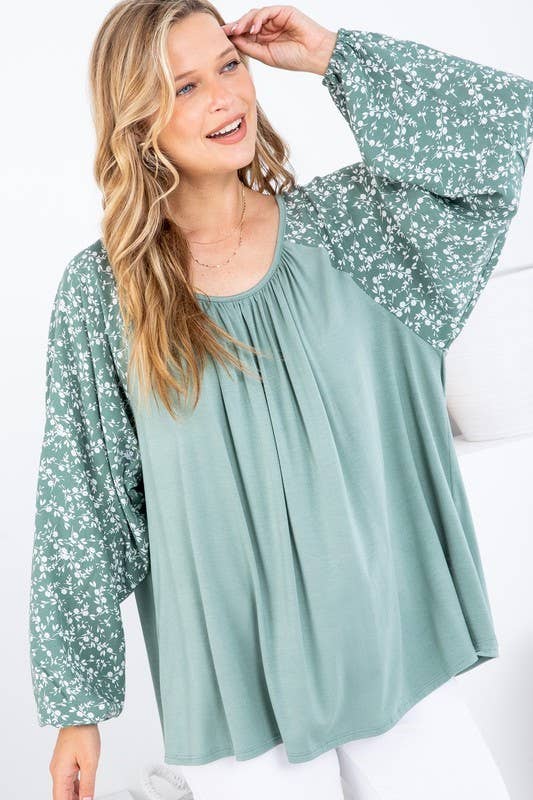 Solid and Woven Mixed Ruffle Top