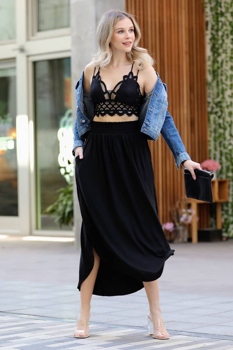 Smocked Waist Side Slit Maxi Skirt With Pockets