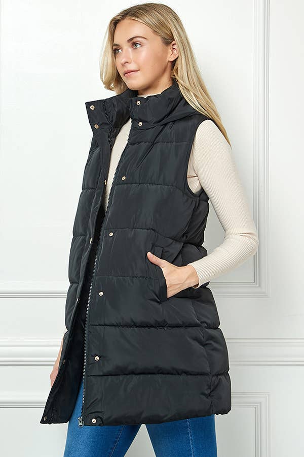 Longline Quilted Puffer Vest with Attached Hood