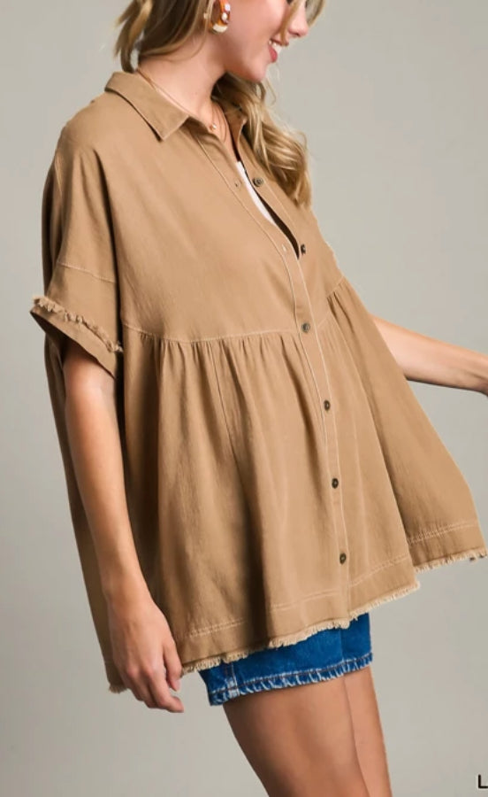 UMGEE - Linen Button Up With Side Slit and Frayed Hem