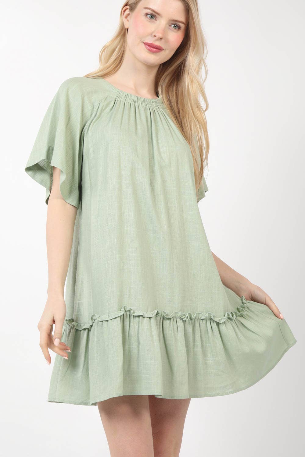 ND31313-Round Neck Comfy Woven Mini Dress