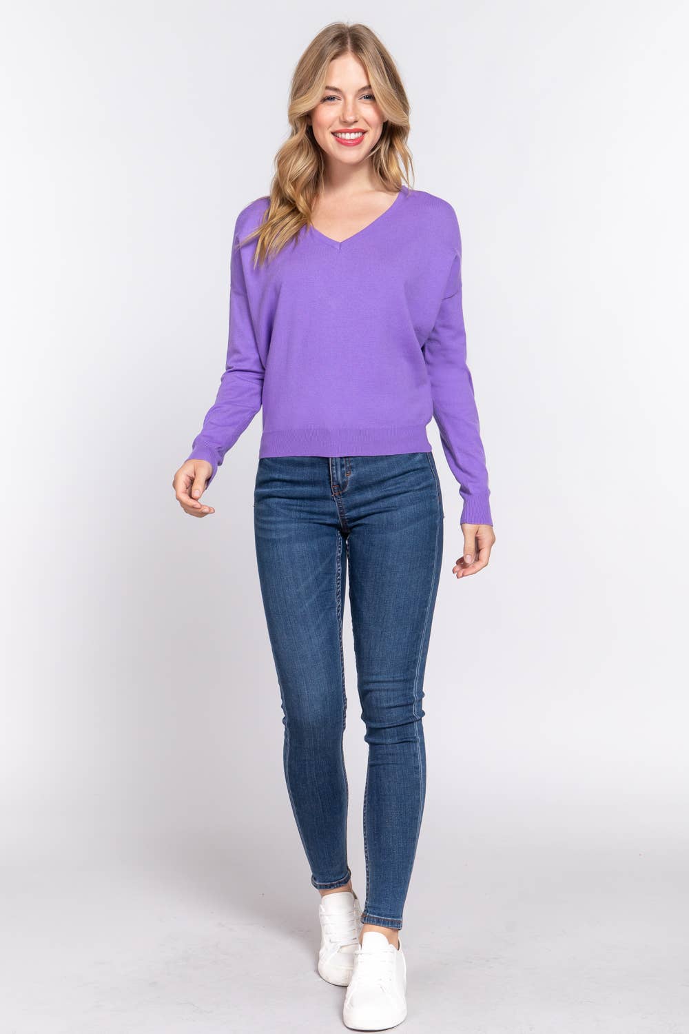 Long Sleeve V-neck Back Cross Strap Viscose Sweater