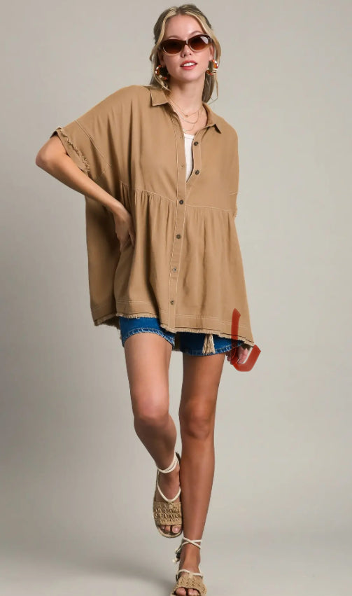 UMGEE - Linen Button Up With Side Slit and Frayed Hem