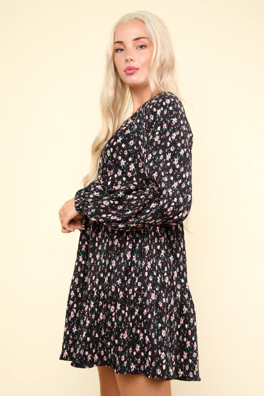 ND31416-Flower Printed Velvet Babydoll Mini Dress