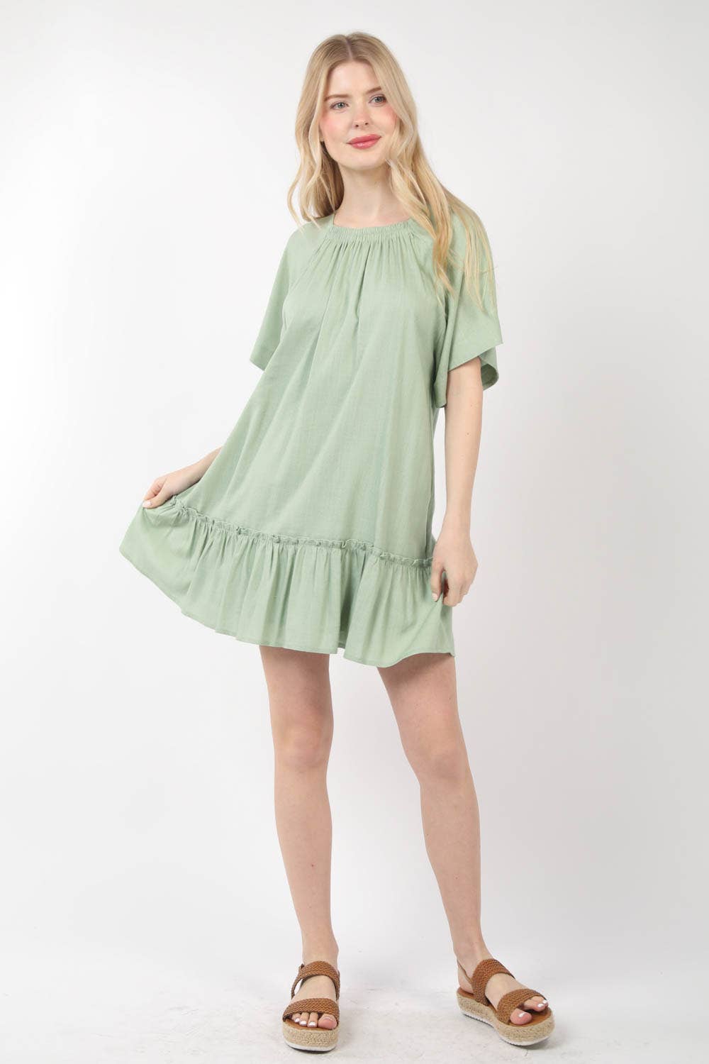 ND31313-Round Neck Comfy Woven Mini Dress