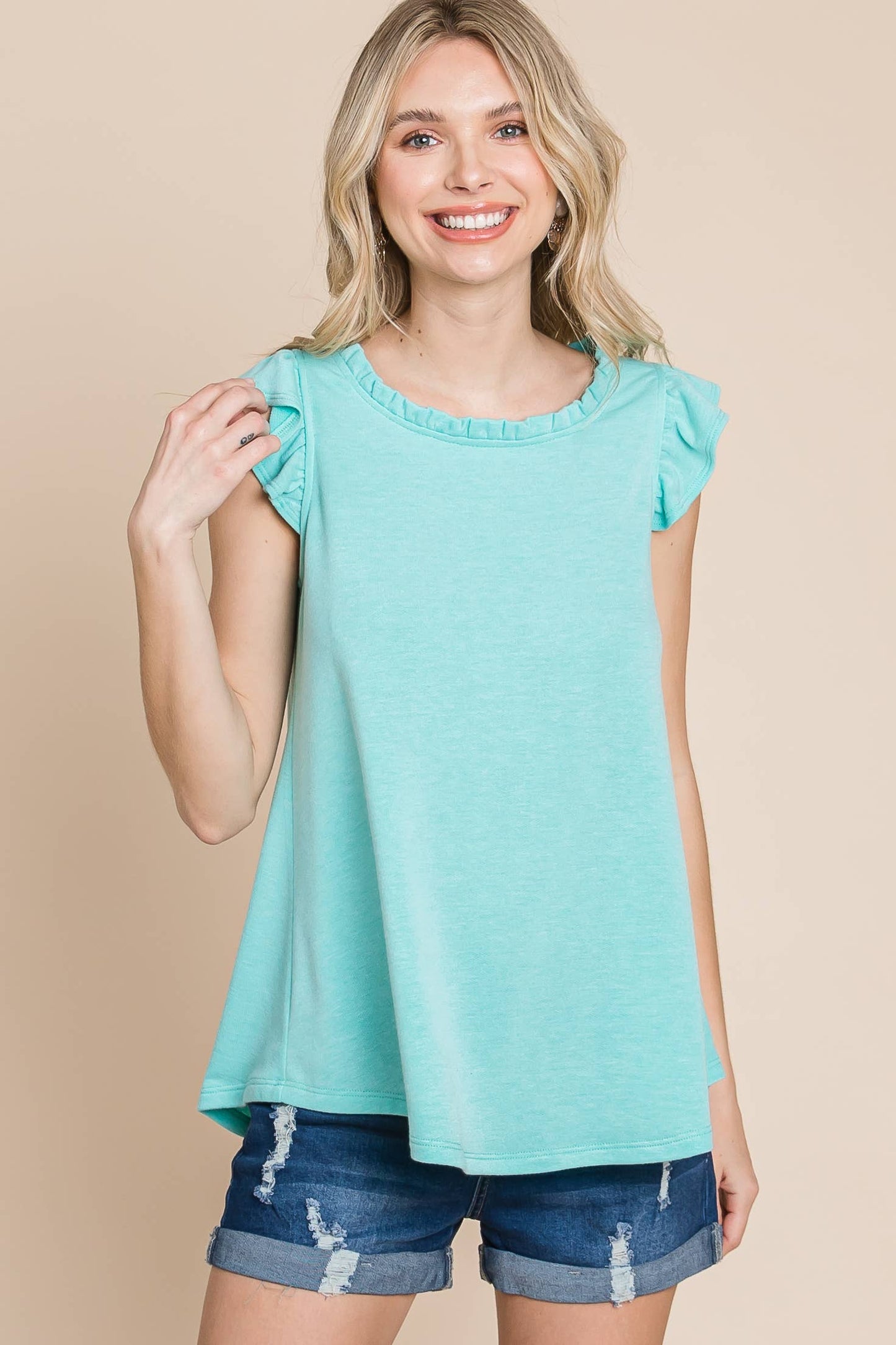 ETK-8735 Solid High Neck French Terry Top