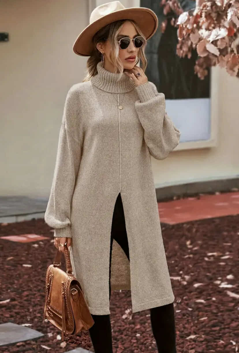 Front Slit Turtle Neck Sweater