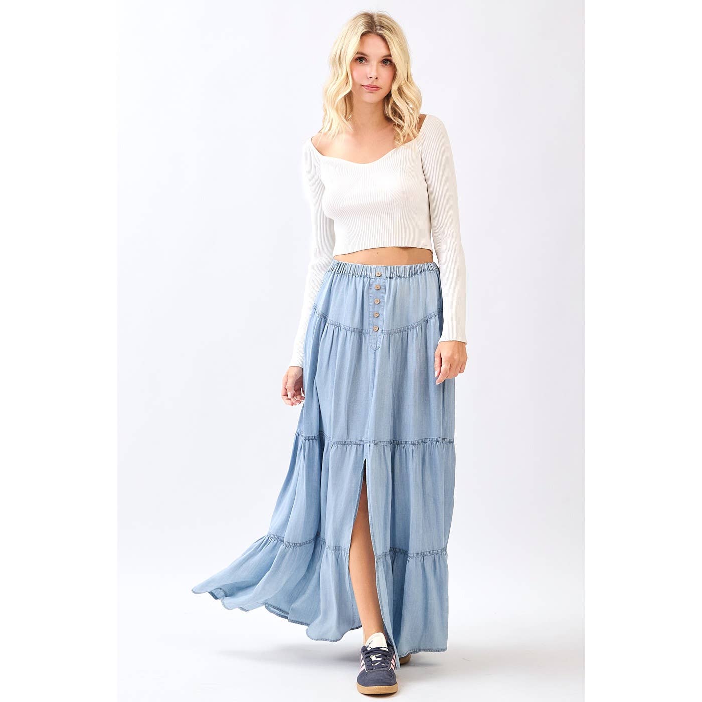 WASHED CHAMBRAY BUTTON FRONT TIERED MAXI SKIRT
