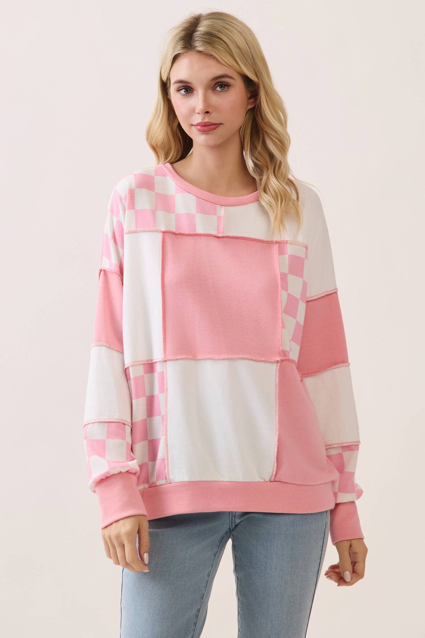 Checkered Print Patchwork pullover top T6173
