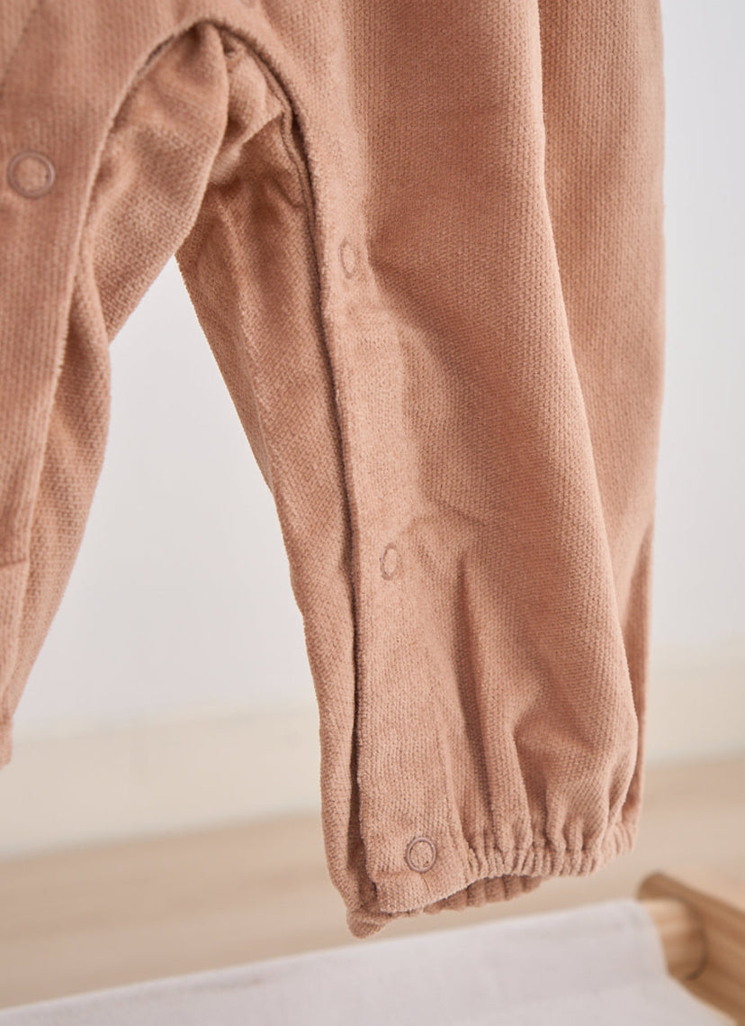 Beige Floral Embroidery Velveteen Romper