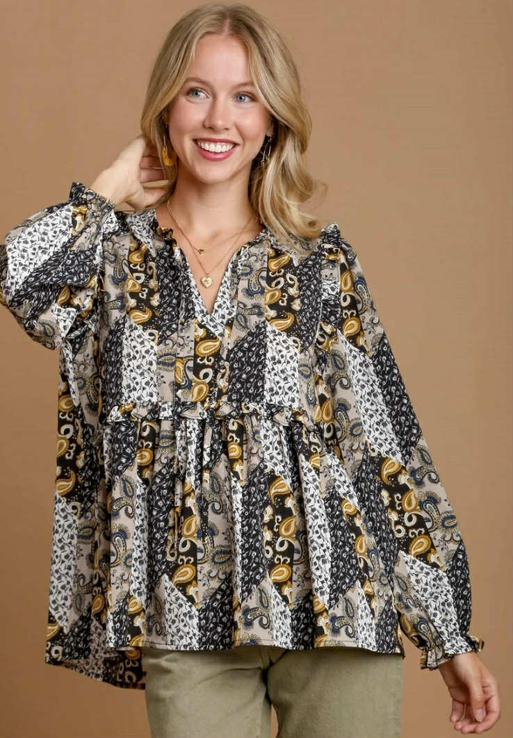 UMGEE - Round Neck Mixed Print Ruffle Blouse