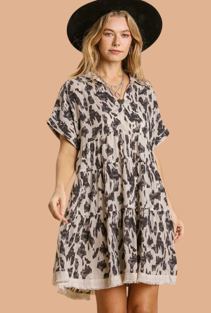 UMGEE - Animal Print Collared Split Neck Frayed Hem