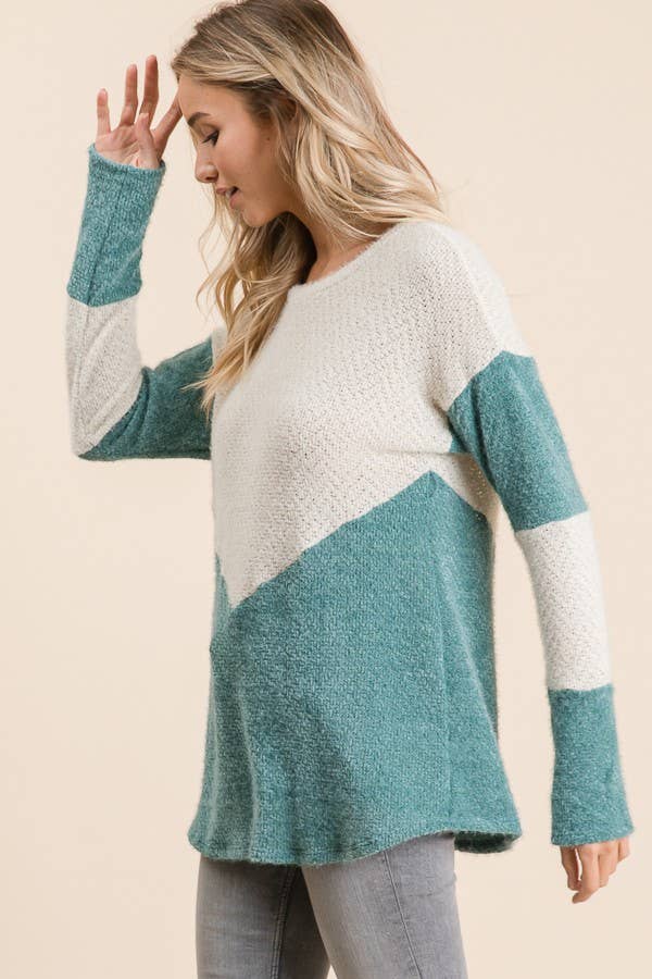 Fuzzy Angora Knit Color Block Sweater
