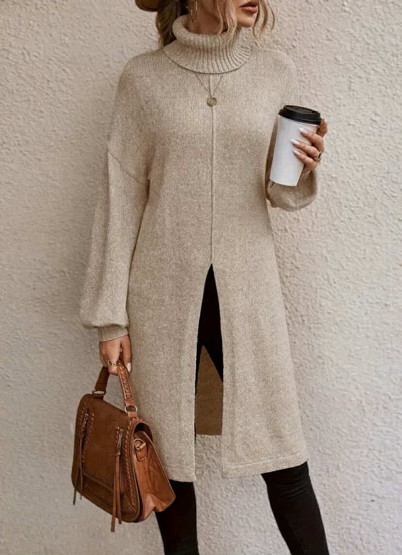 Front Slit Turtle Neck Sweater