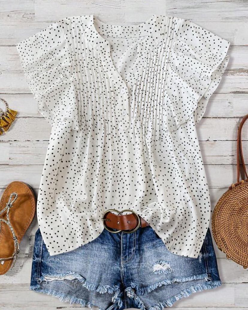 V-Neck Ruffle Sleeve Polka Dot Blouse