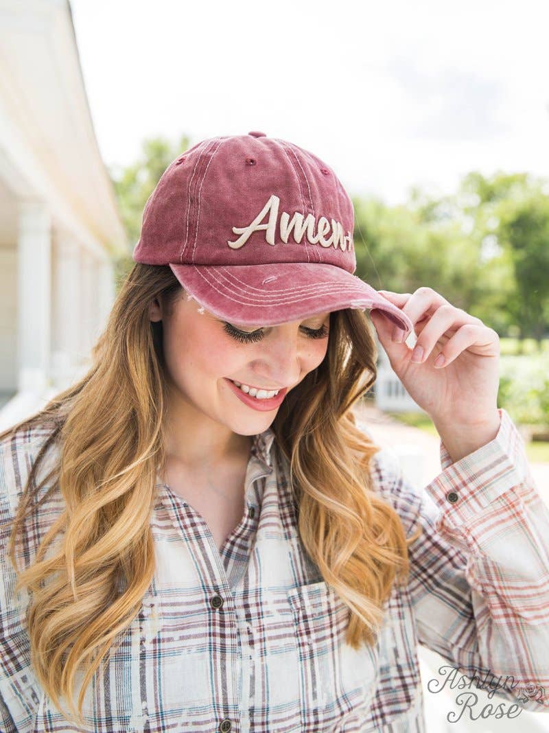 Cream Amen Embroidery on Maroon Hat