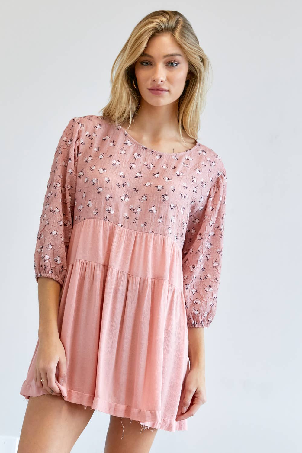 FLORAL PRINTED ROUND NECK 3/4 SLEEVE RUFFLE TOP