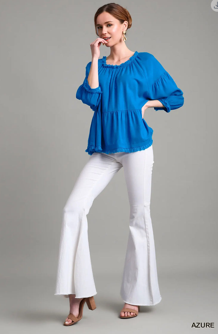 UMGEE Linen Frayed Edges Tiered Top