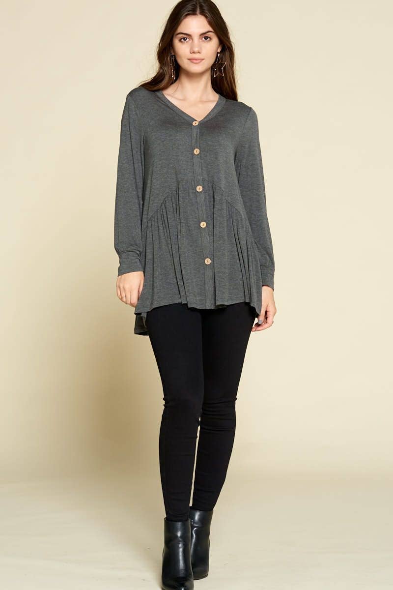 ETK-7849 Solid Modal Jersey Faux Button Up Top