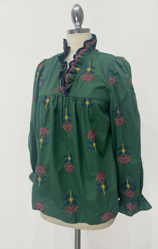 UMGEE - Embroidered Floral Ruffle Neck Blouse