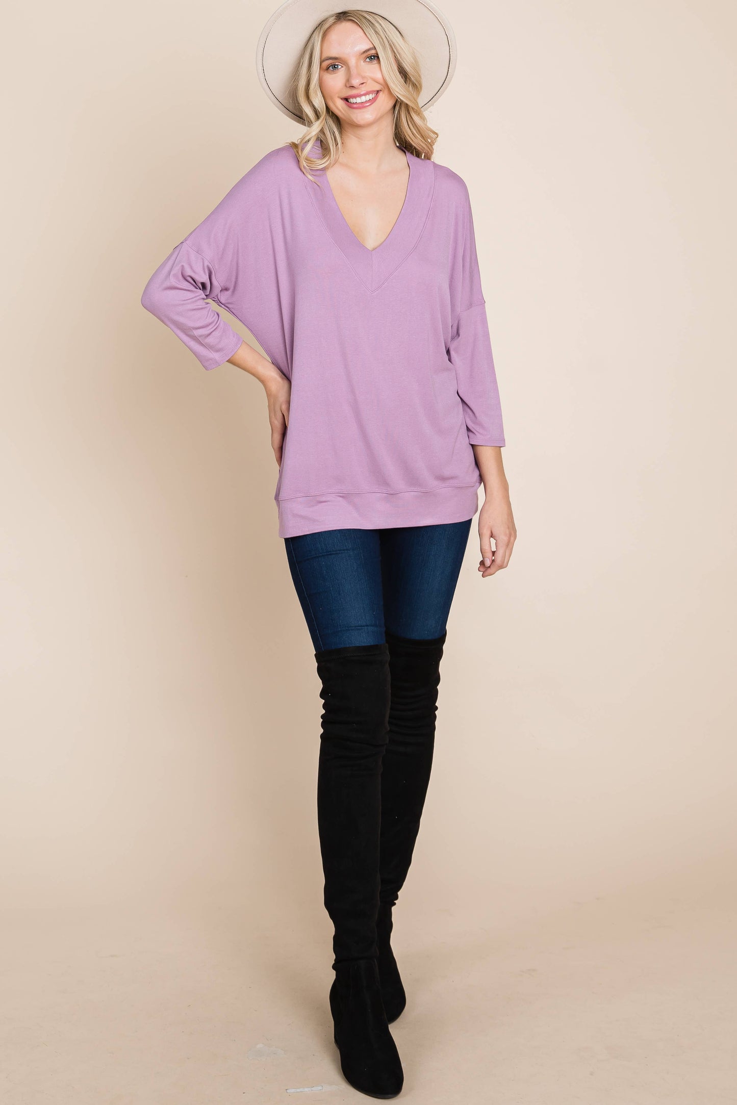 ETK-8674 Casual Basic Solid V Neck Top