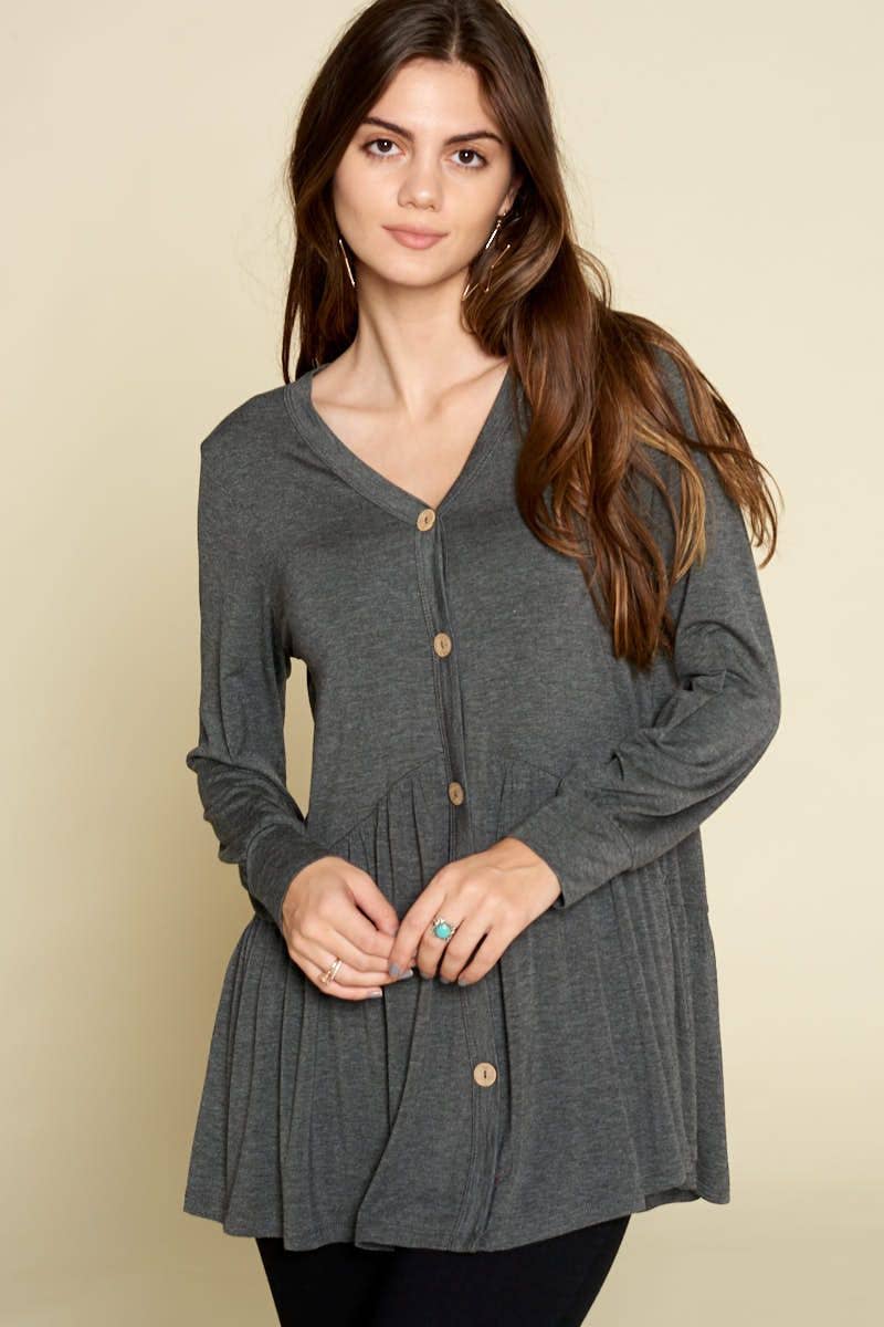 ETK-7849 Solid Modal Jersey Faux Button Up Top