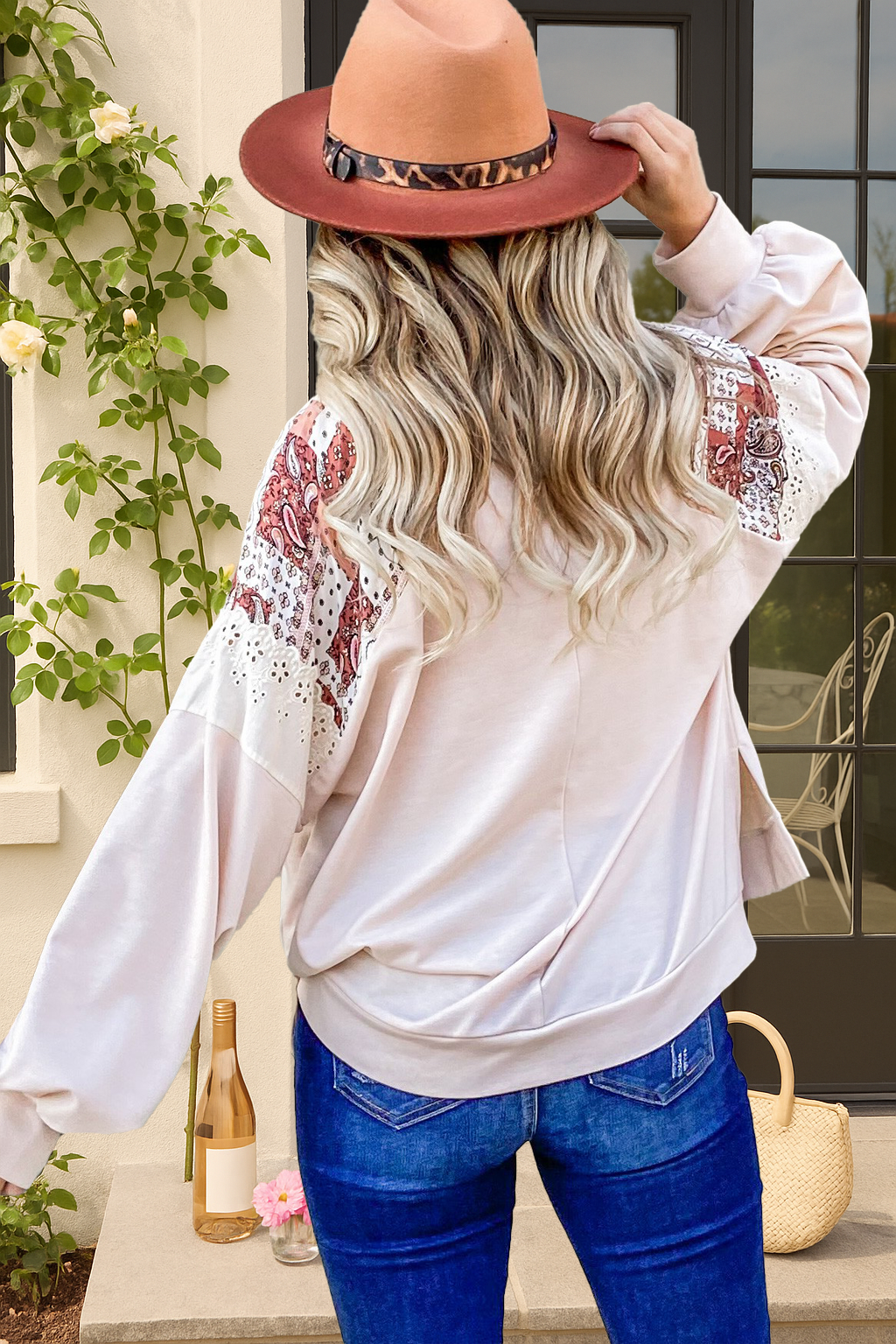 ATW10579 - Patch Work Shoulder Detail Casual Top
