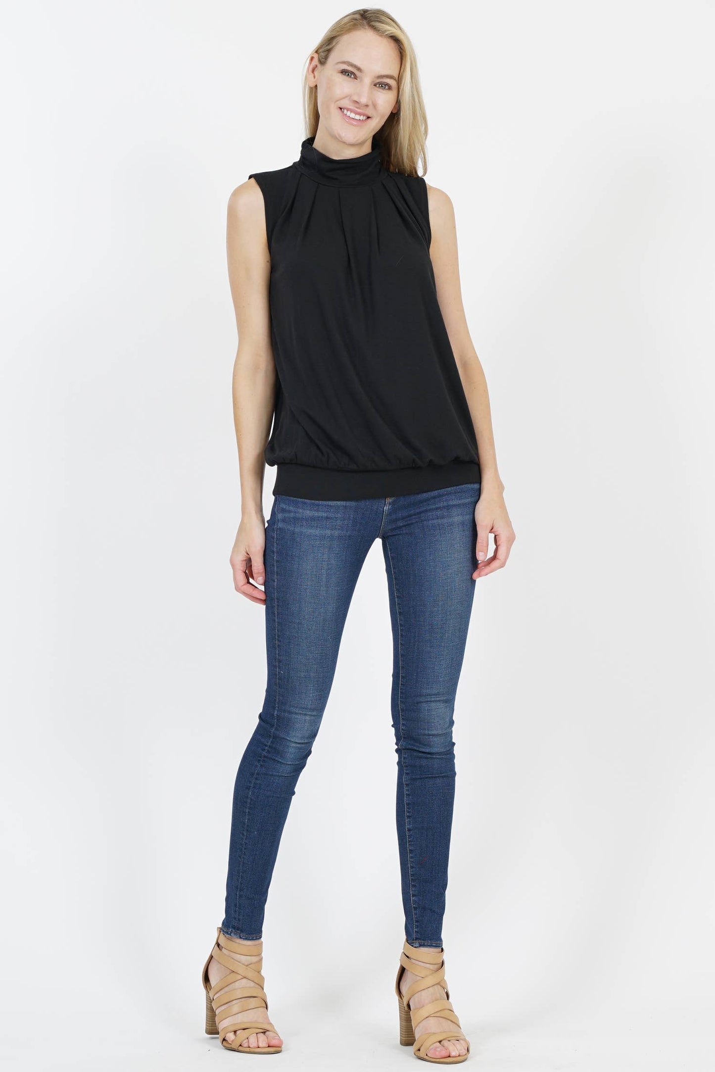 Pleated Mock Neck Blouson Top