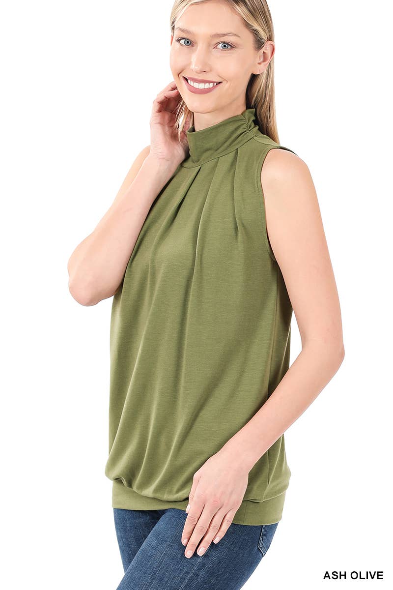 Pleated Mock Neck Blouson Top