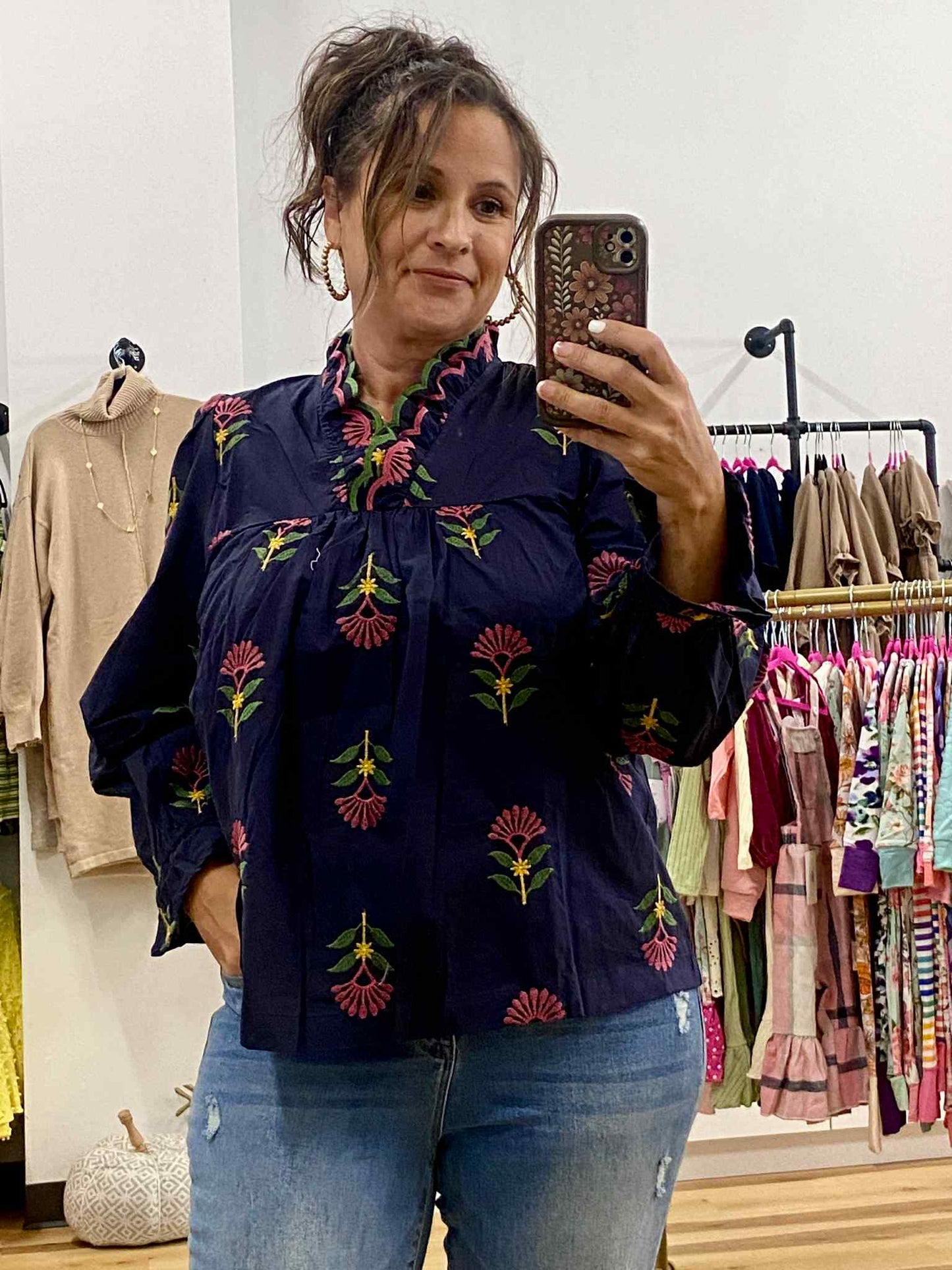 UMGEE - Embroidered Floral Ruffle Neck Blouse