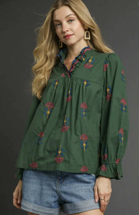 UMGEE - Embroidered Floral Ruffle Neck Blouse