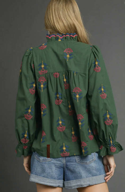 UMGEE - Embroidered Floral Ruffle Neck Blouse