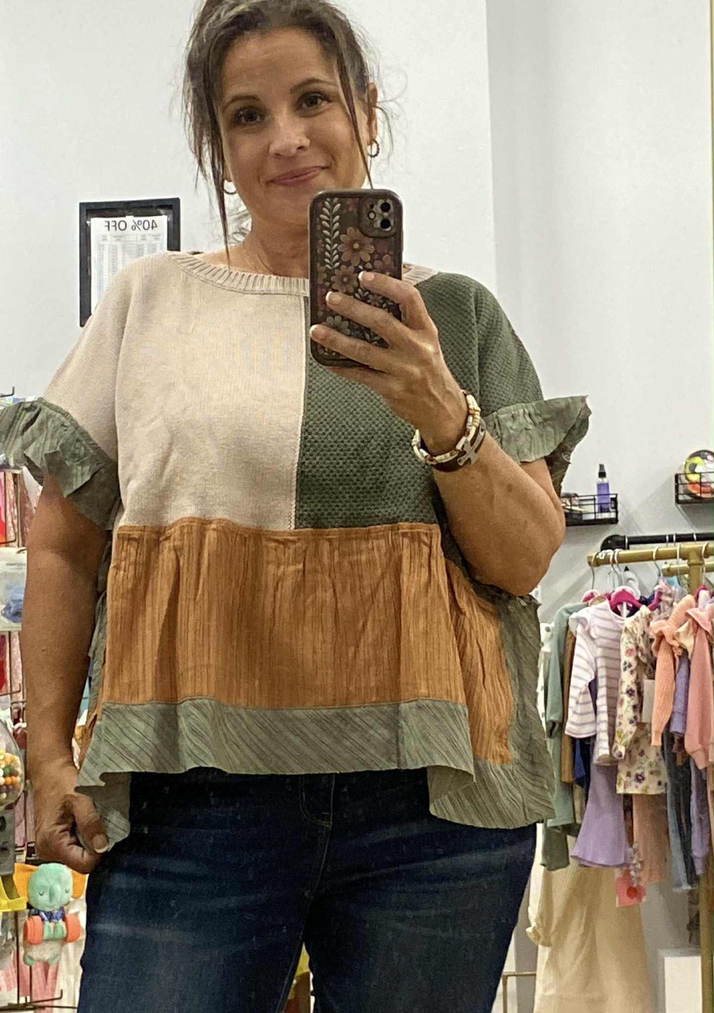 SWEATER MIX TEXTURED FABRIC RUFFLE DETAIL TOP