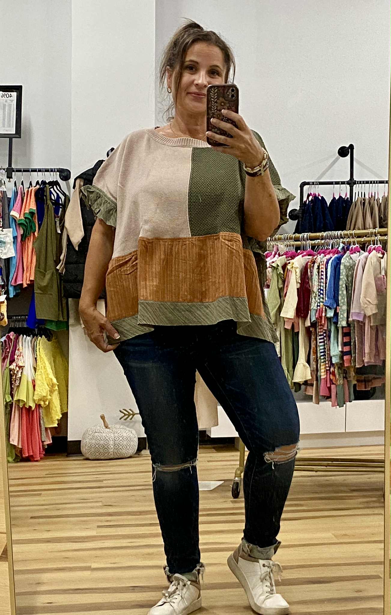 SWEATER MIX TEXTURED FABRIC RUFFLE DETAIL TOP