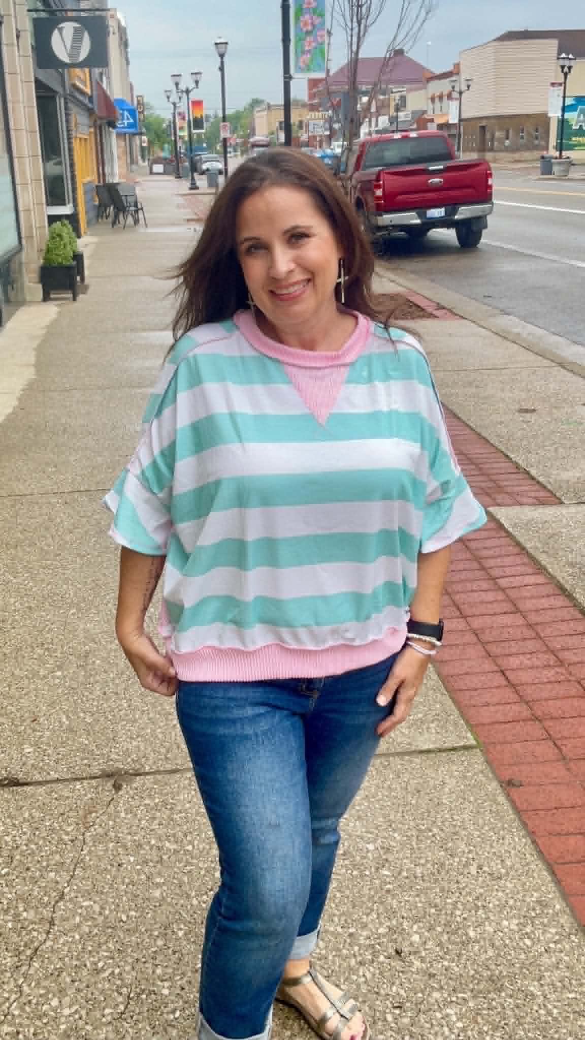 Flutter Elbow Sleeve Stripe French Terry Top