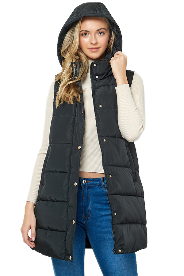 Longline Quilted Puffer Vest with Attached Hood