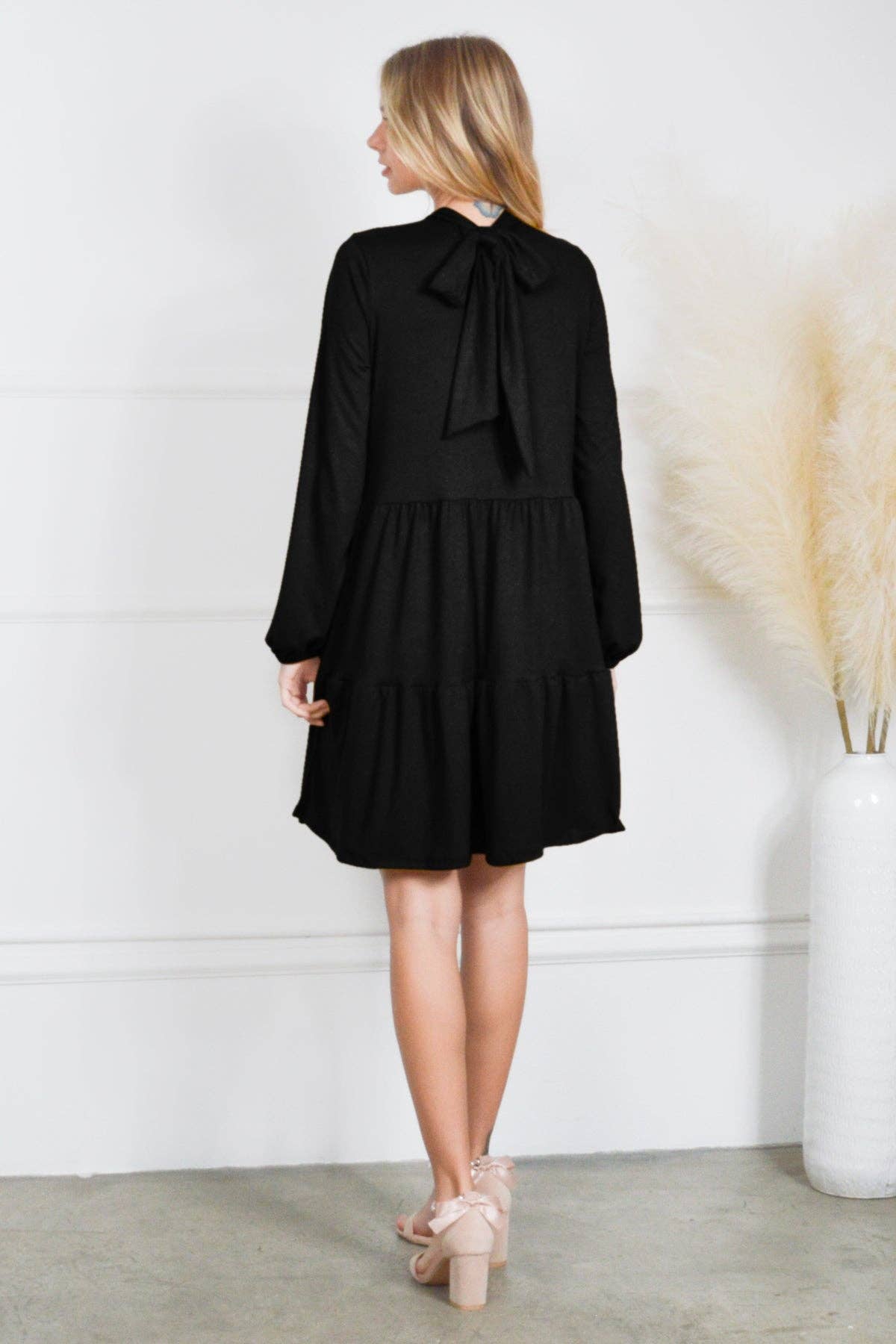 Cute Bow Back Tie Neck Tiered Pocket Dress Soft Jersey