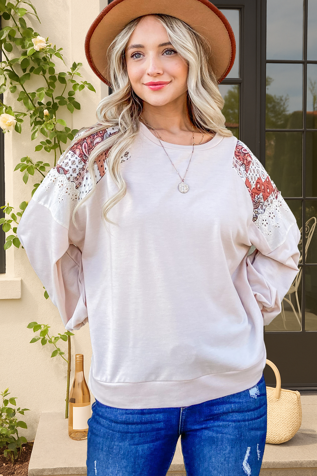ATW10579 - Patch Work Shoulder Detail Casual Top