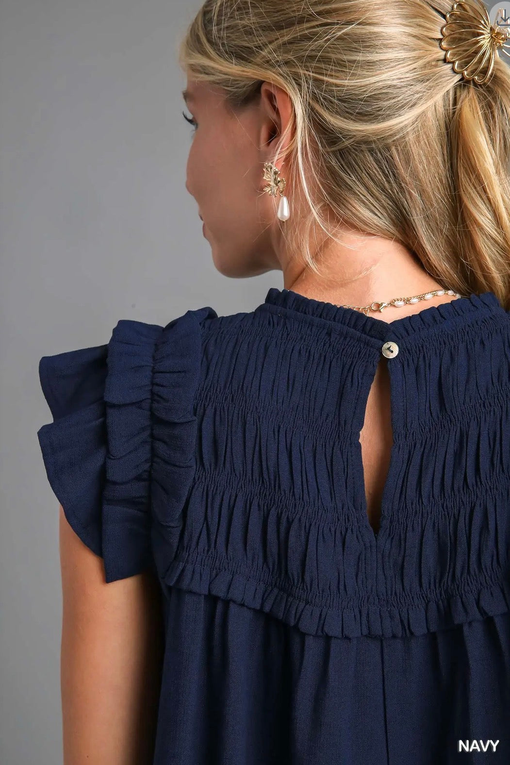 UMGEE Boxy Cut Ruffle Detailed Top with Back Button Keyhole