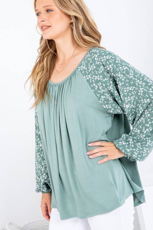 Solid and Woven Mixed Ruffle Top