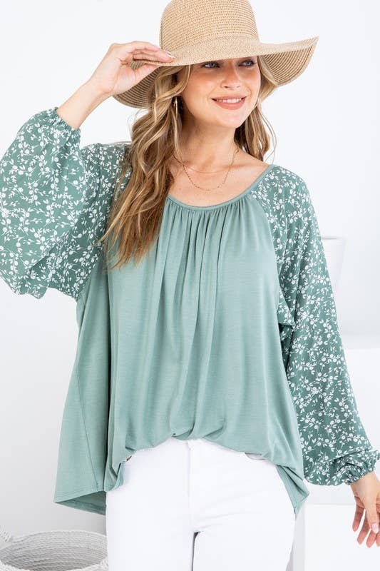 Solid and Woven Mixed Ruffle Top