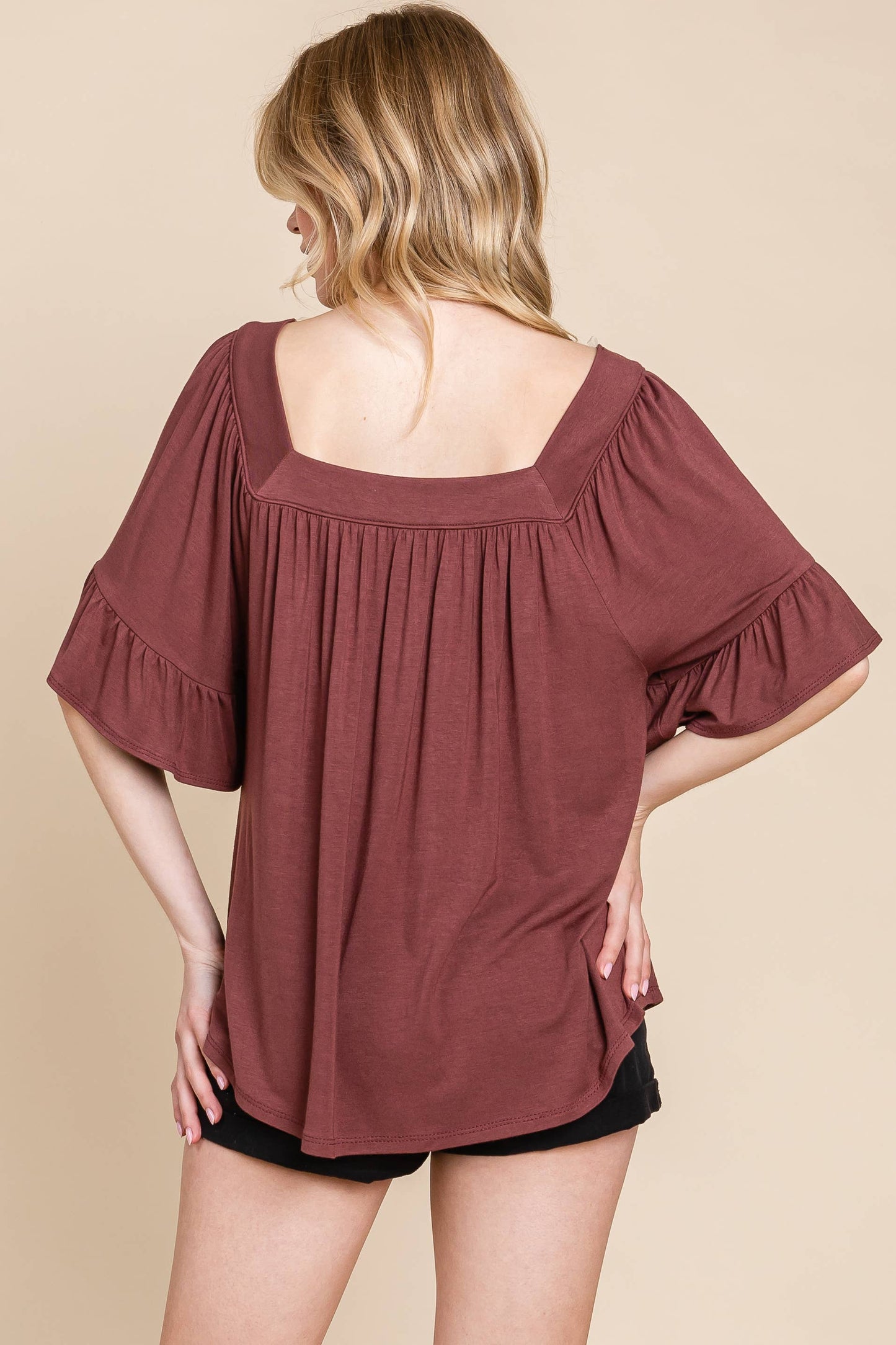 ETK-8833 Solid Bell Sleeve Jersey Top