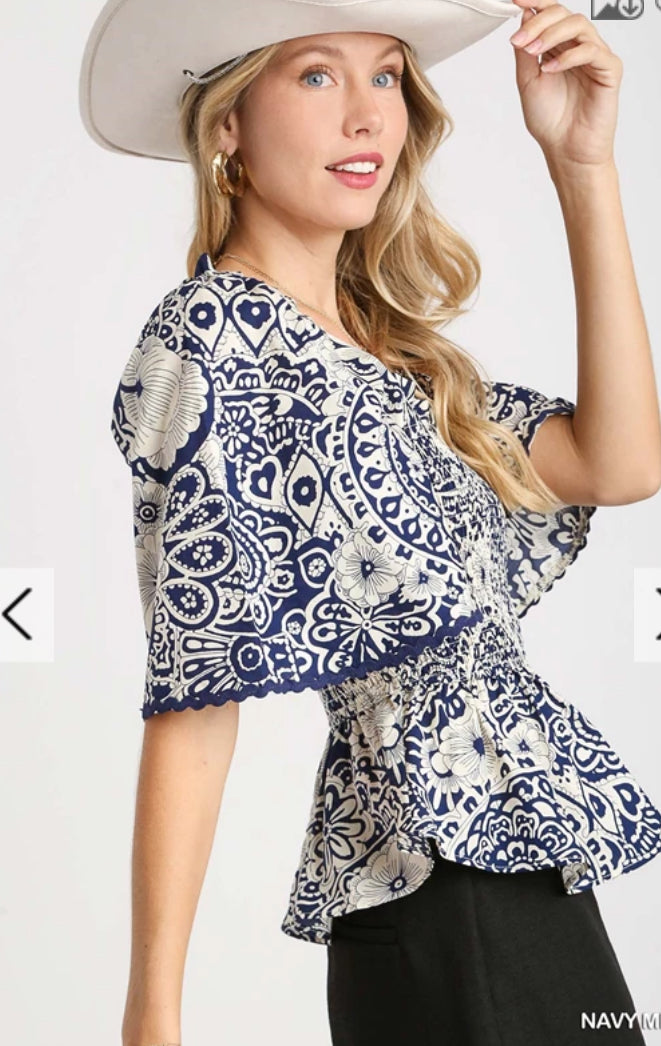 UMGEE - Two Tone Paisley Print Top, Navy