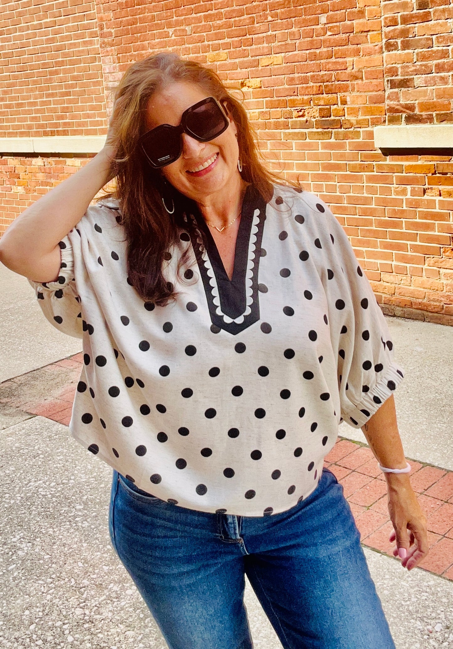 HT20396 Polka Dot Scallop Trim Dolman Sleeve Blouse