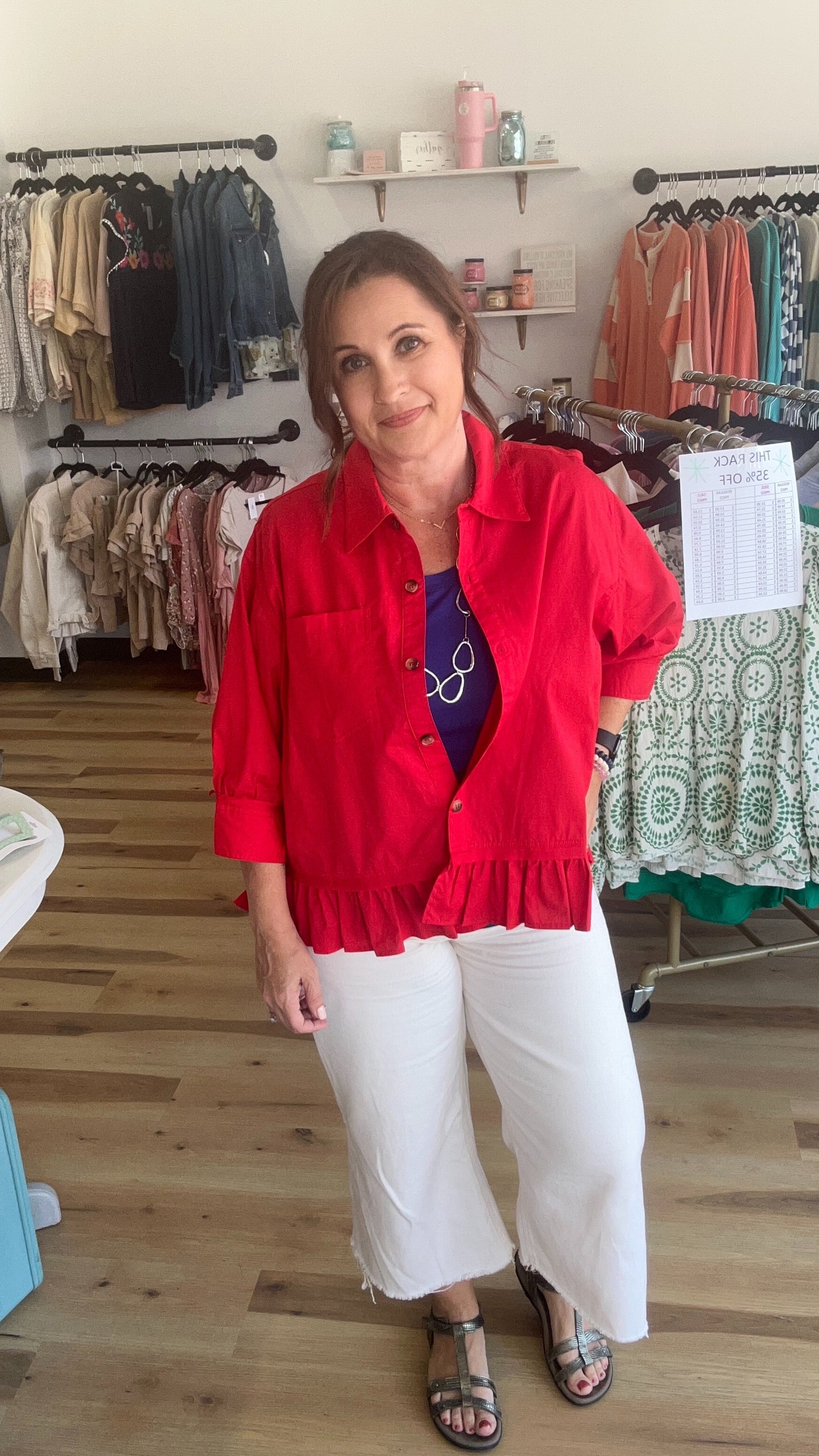 Ruffle Hem Button Front Poplin Top