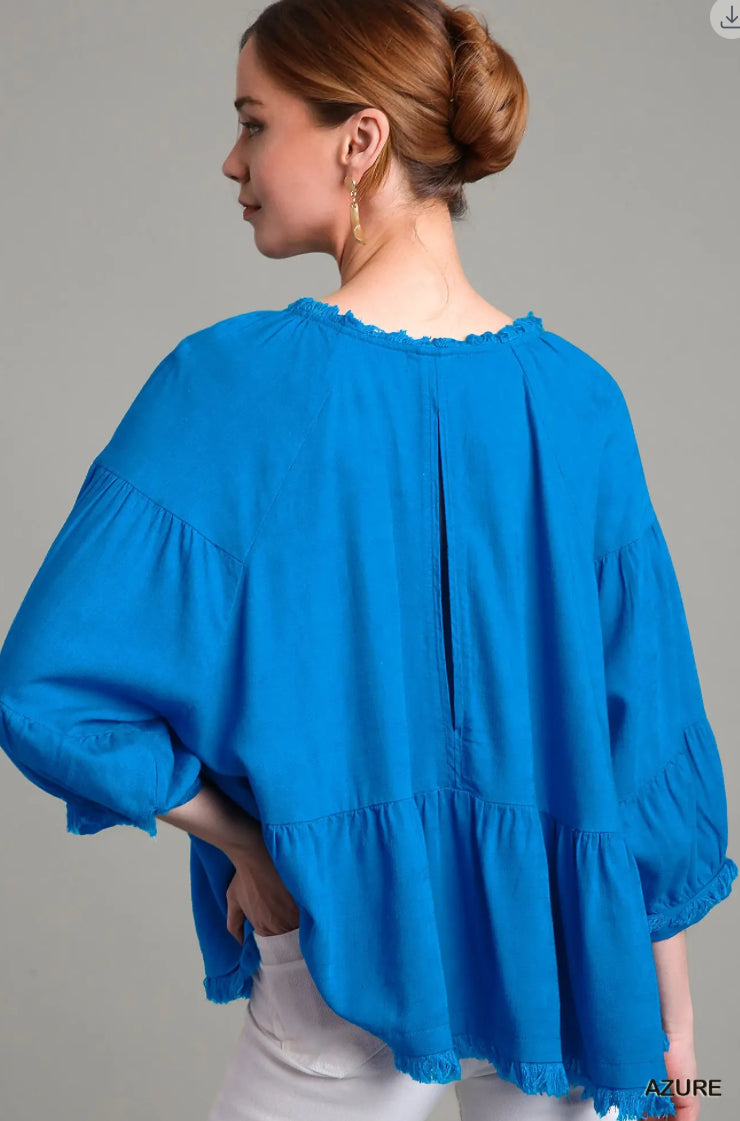 UMGEE Linen Frayed Edges Tiered Top