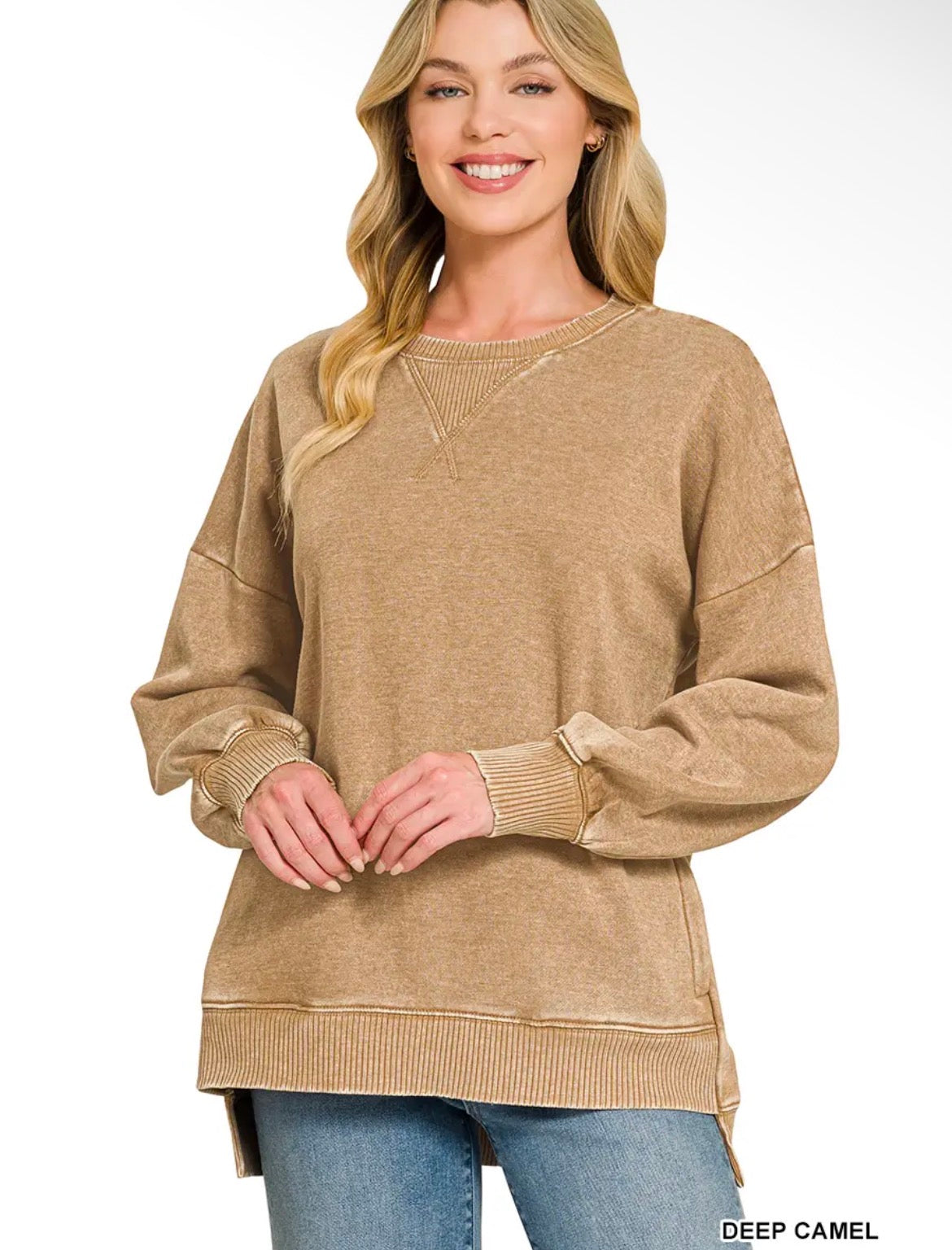 Washed Fleece Hi Low Hem Pullover Zenana