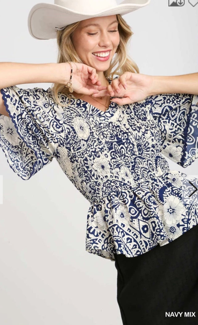 UMGEE - Two Tone Paisley Print Top, Navy