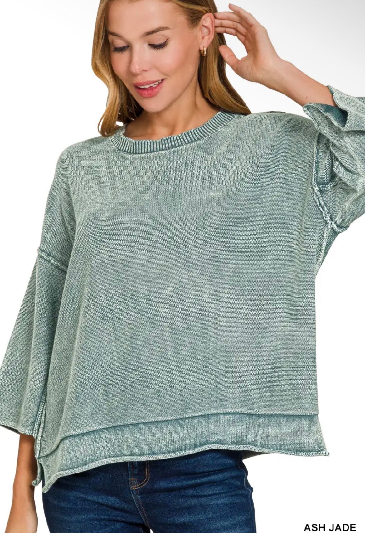 Washed 3/4 Sleeve Boxy Sweater