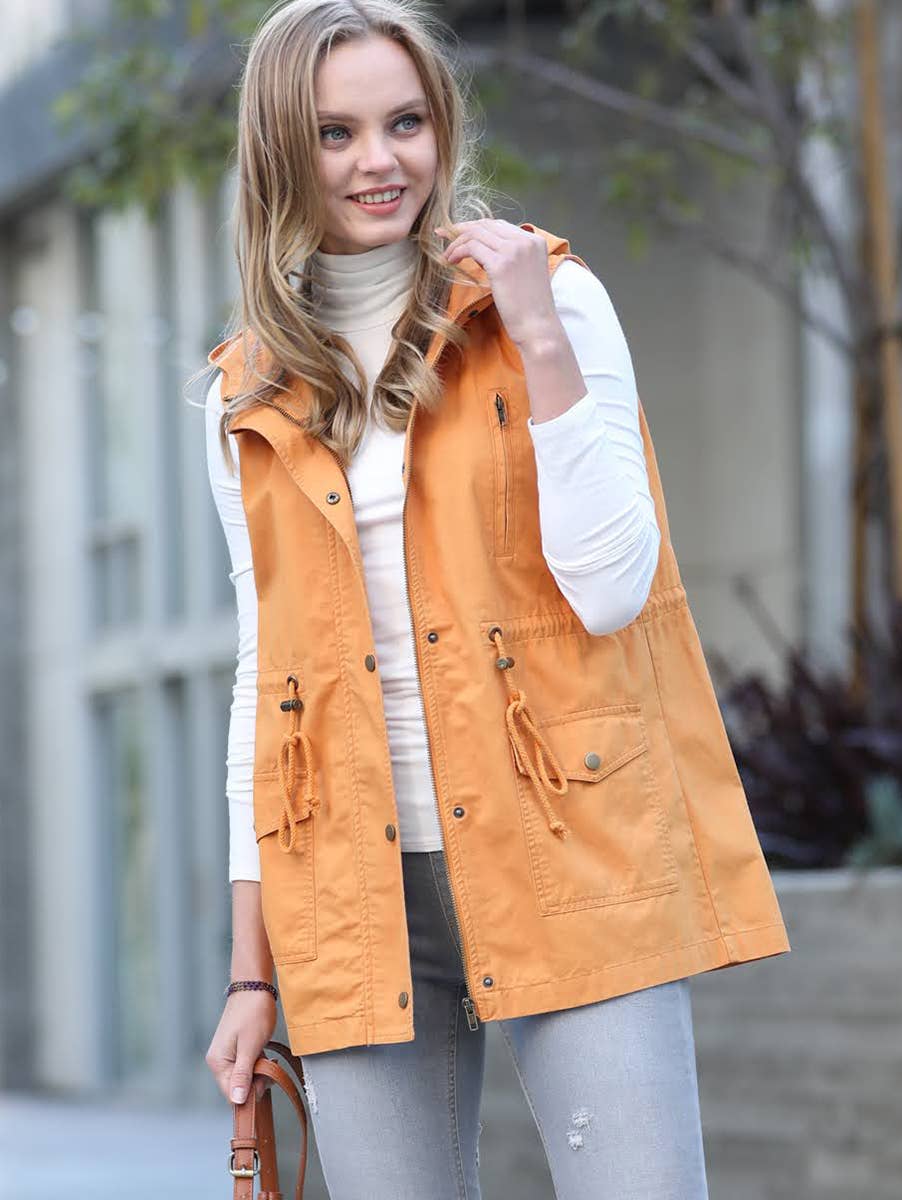 Drawstring Waist Military Hoodie Vest With Pockets SI-20066